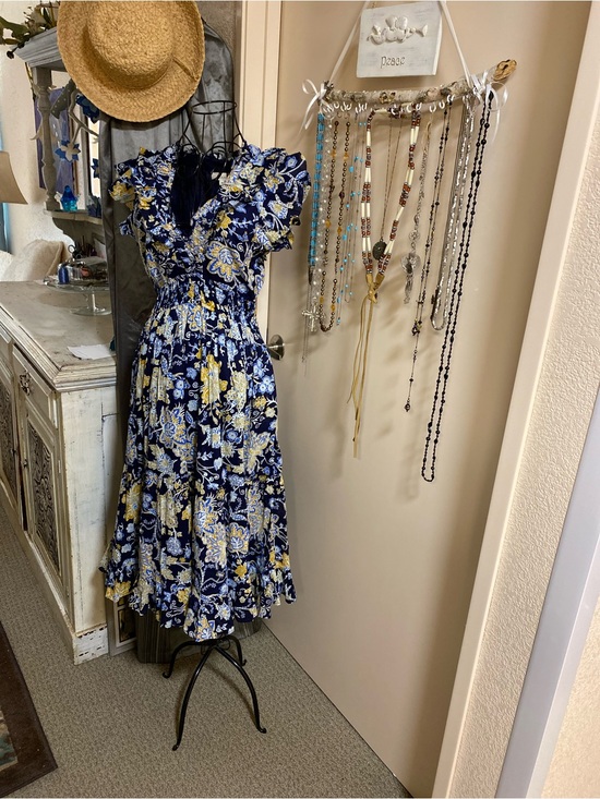 Elan Dresses & Skirts - Elan Navy and Yellow Floral Ruffled Midi Dress